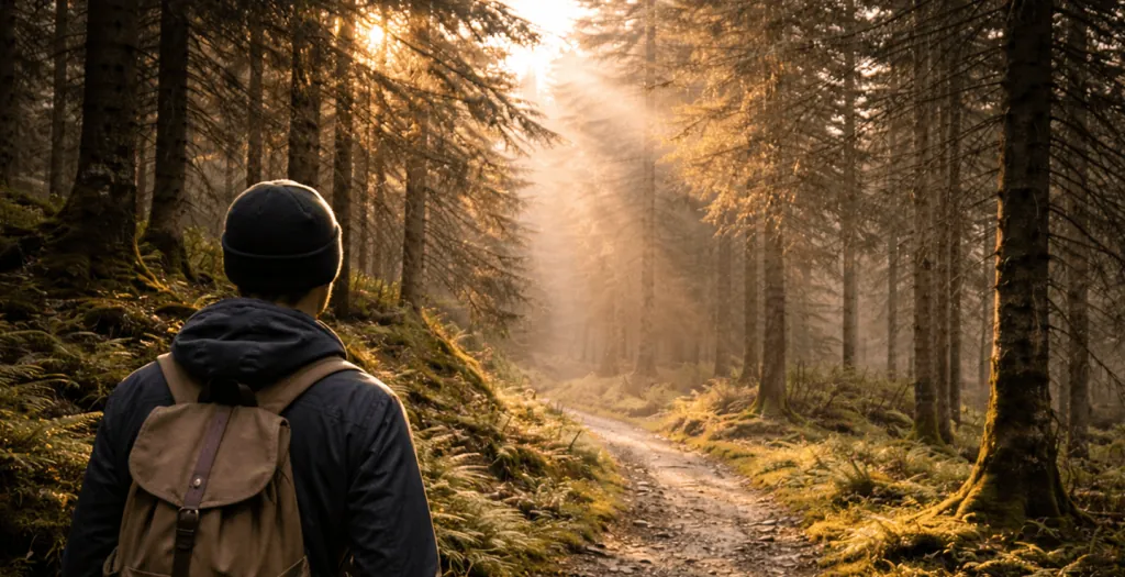 Hiker with a backpack on a sunlit forest trail